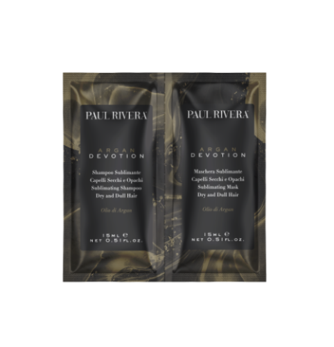 ZESTAW PAUL RIVERA ARGAN DEVOTION SZAMPON+MASKA 2X15ML kuracja sublimująca z olejkiem arganowym nie obciąża włosów
